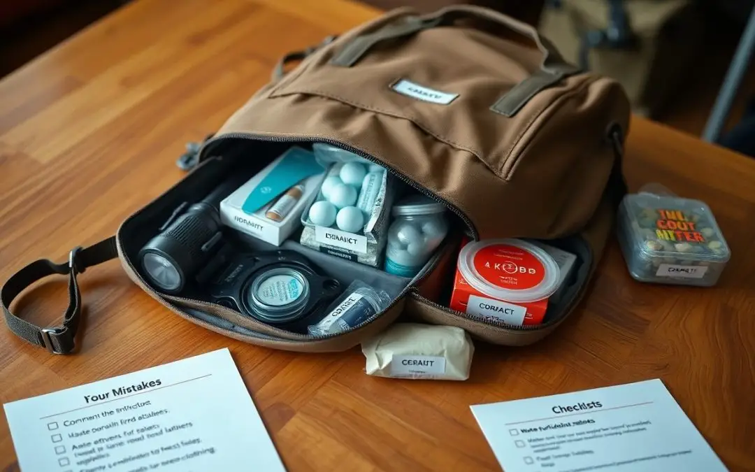 A brown travel bag on a wooden table, unzipped to reveal organized containers, a camera lens, and other small items, with checklists and a note beside it.