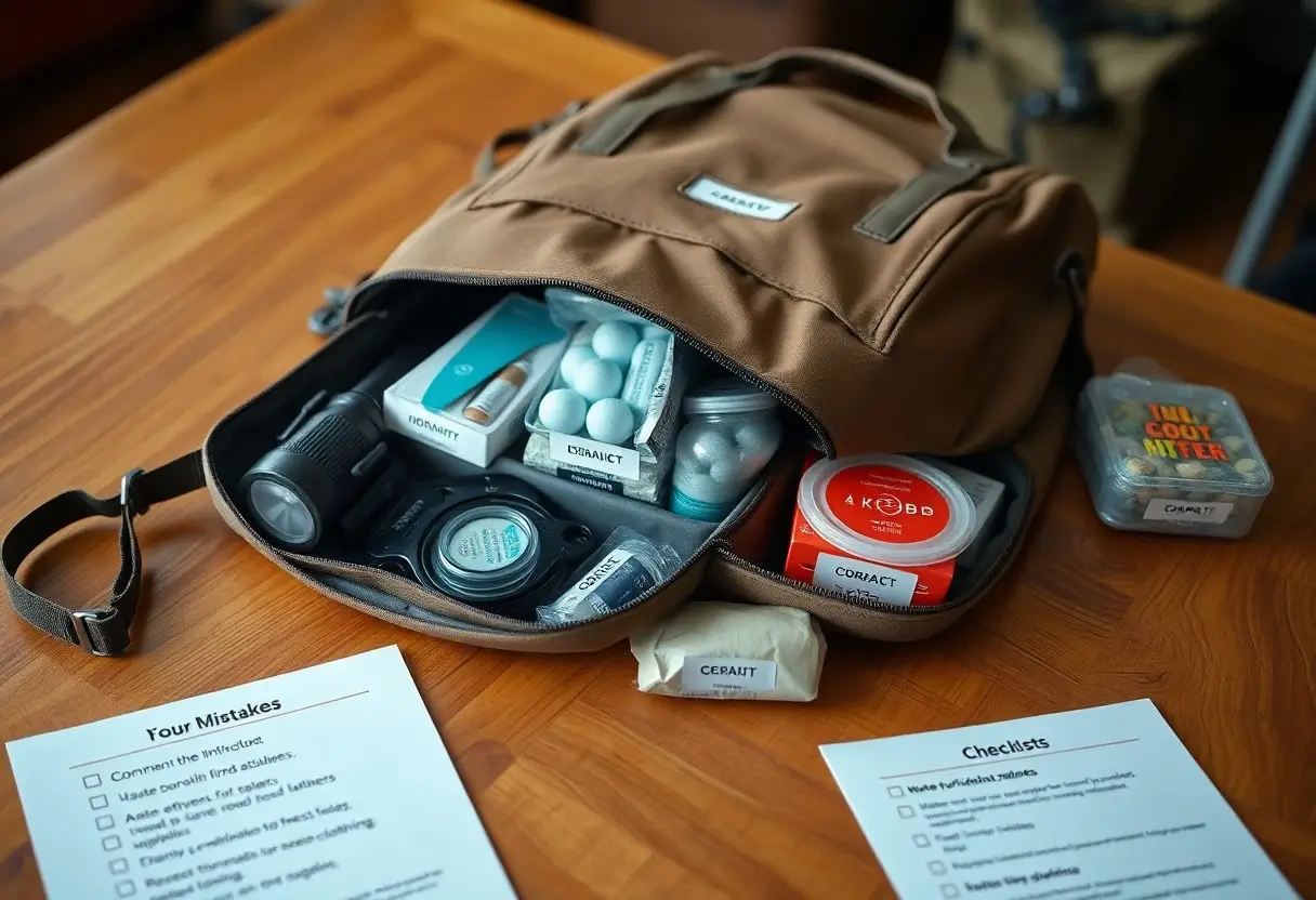 A brown travel bag on a wooden table, unzipped to reveal organized containers, a camera lens, and other small items, with checklists and a note beside it.