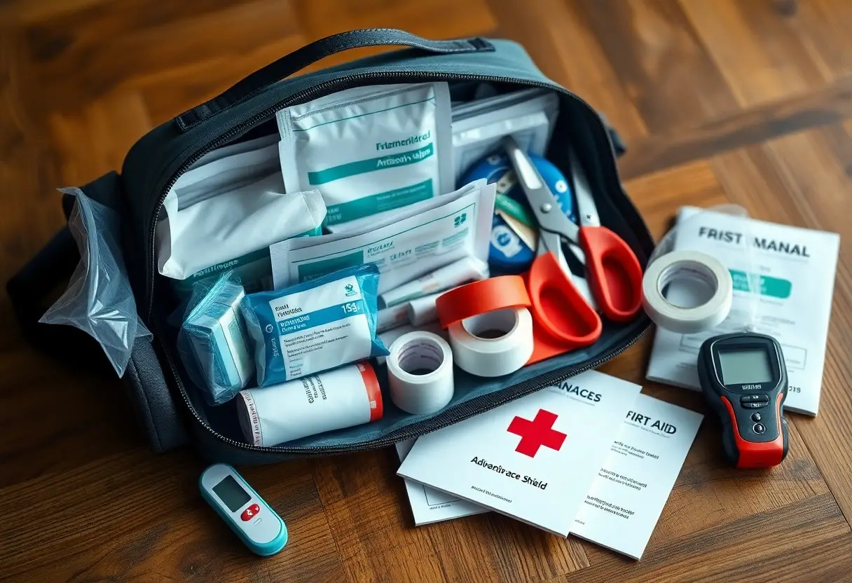 A first aid kit open on a wooden surface, containing medical supplies like bandages, scissors, tape, antiseptics, a thermometer, a manual, and a blood glucose meter.