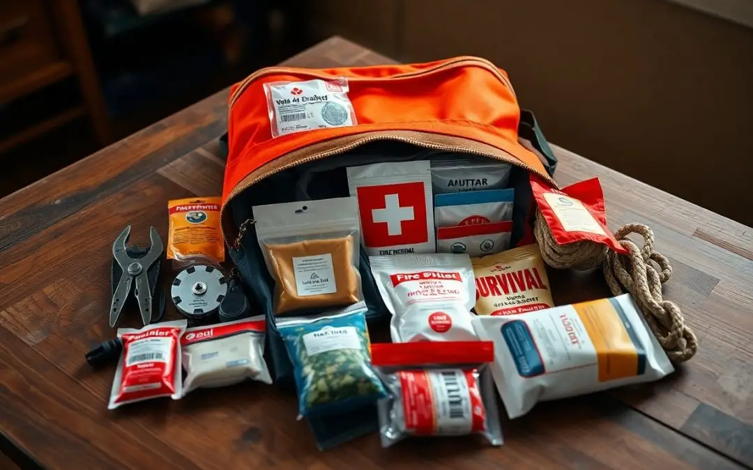 An open orange emergency kit bag on a wooden table, displaying various survival supplies including first aid items, rope, tools, packaged food, water pouches, and a flashlight.
