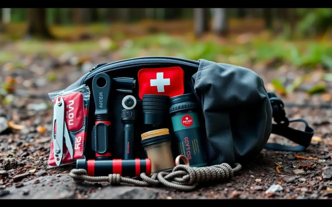 A small gray bag opened on the ground displays survival gear, including a flashlight, first aid kit, rope, whistle, and several compact containers in a forest setting.