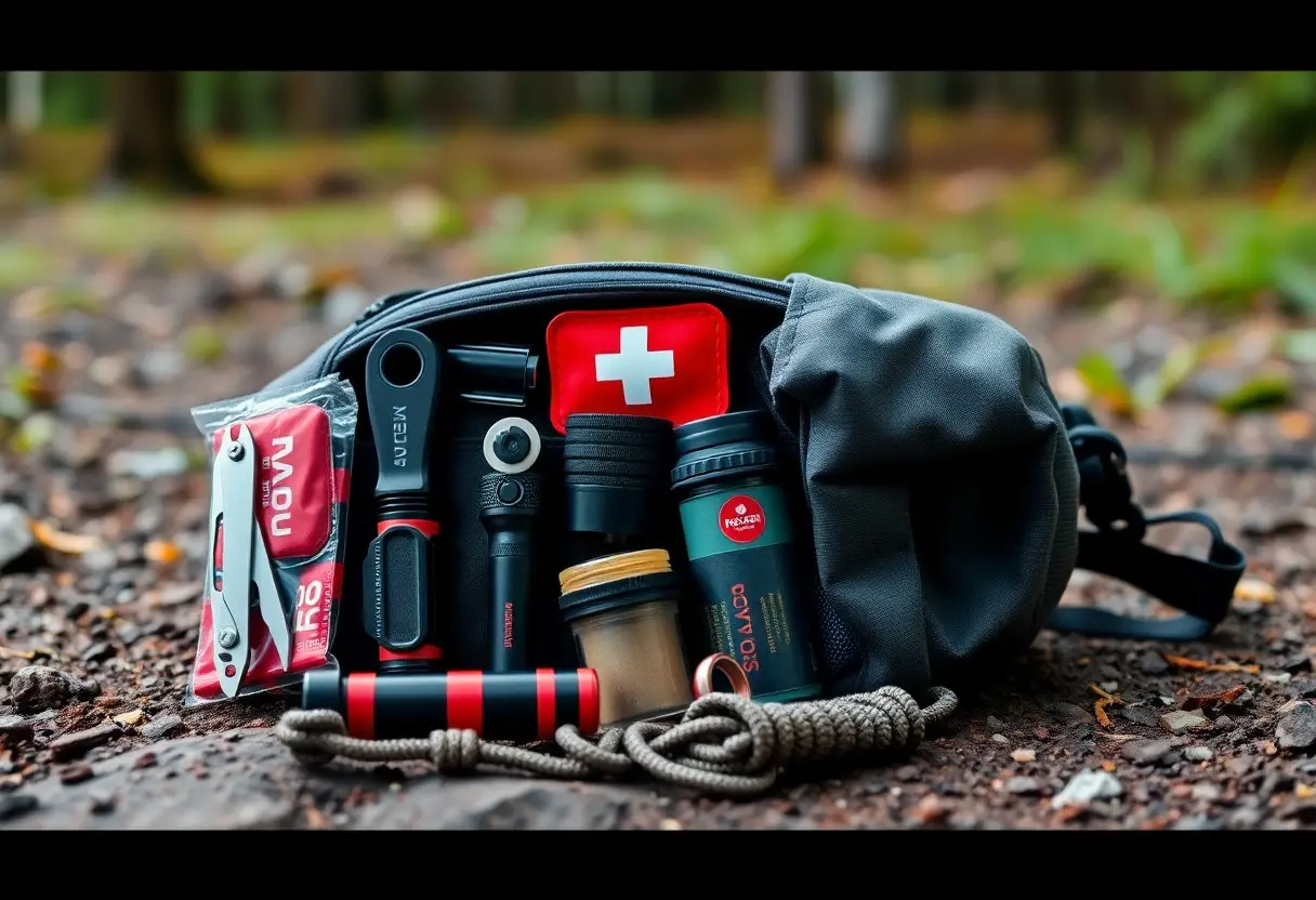 A small gray bag opened on the ground displays survival gear, including a flashlight, first aid kit, rope, whistle, and several compact containers in a forest setting.