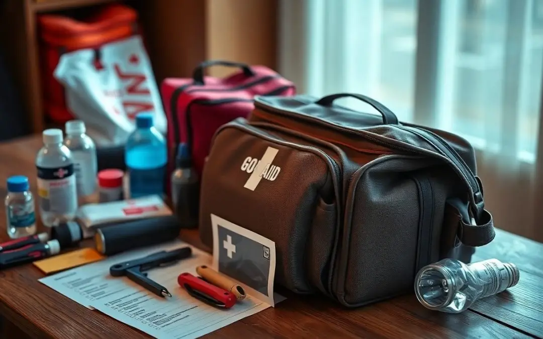 A first aid kit on a table surrounded by medical supplies, including bottles, a flashlight, an inhaler, and emergency paperwork, with a window in the background.