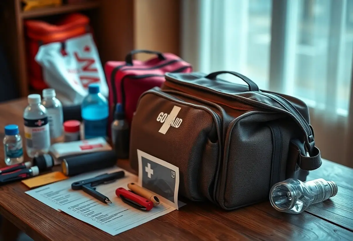 A first aid kit on a table surrounded by medical supplies, including bottles, a flashlight, an inhaler, and emergency paperwork, with a window in the background.
