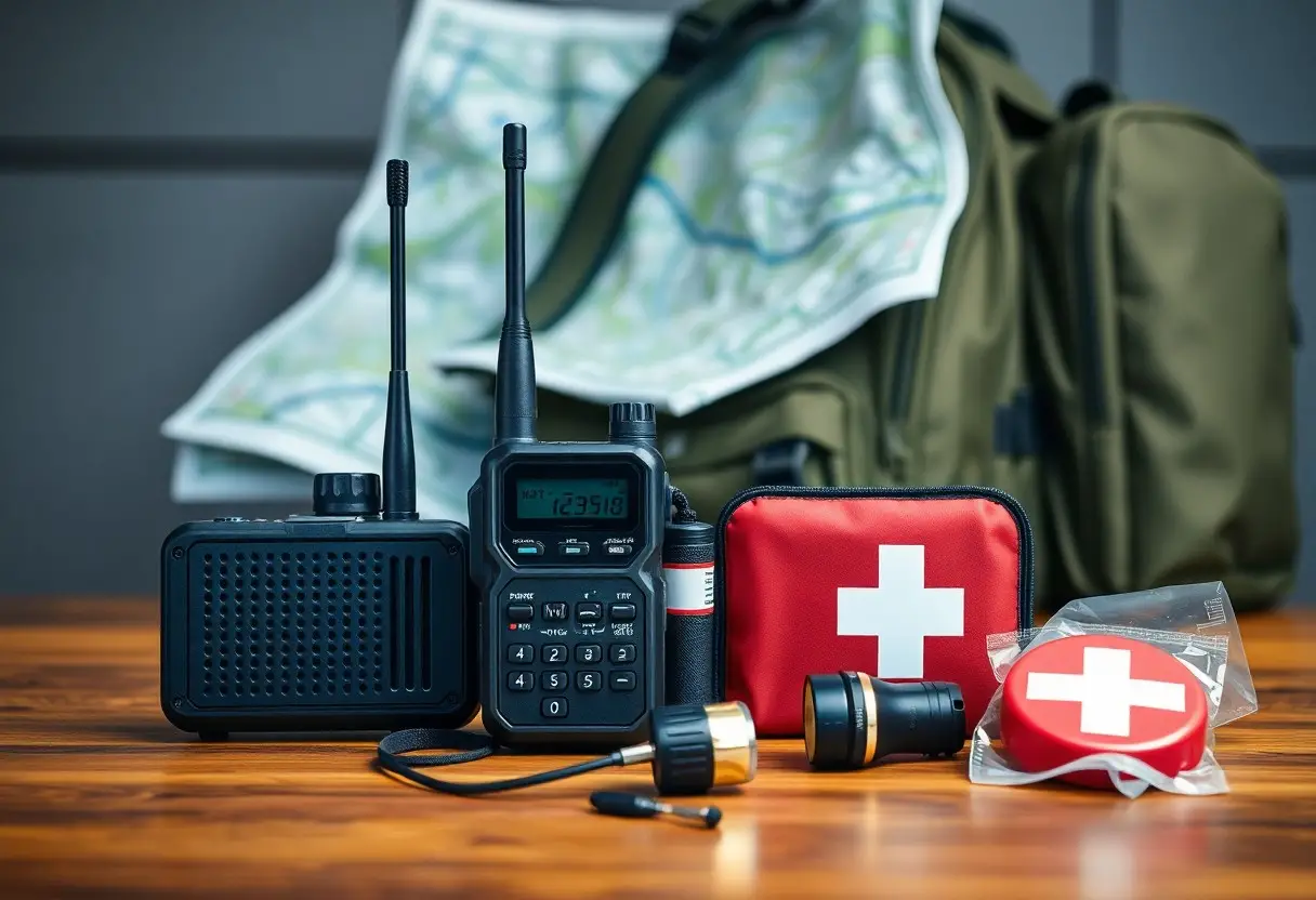 Emergency preparedness supplies including two-way radios, a map, a green backpack, a flashlight, and a red first aid kit displayed on a wooden surface.