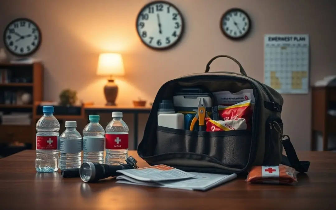 A packed emergency kit bag sits on a table with water bottles, a flashlight, medical supplies, and documents; clocks and an emergency plan are visible in the background.