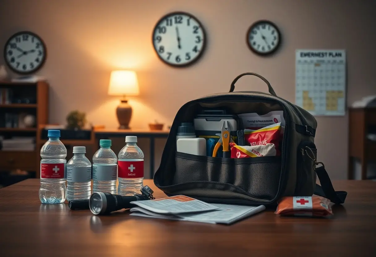 A packed emergency kit bag sits on a table with water bottles, a flashlight, medical supplies, and documents; clocks and an emergency plan are visible in the background.
