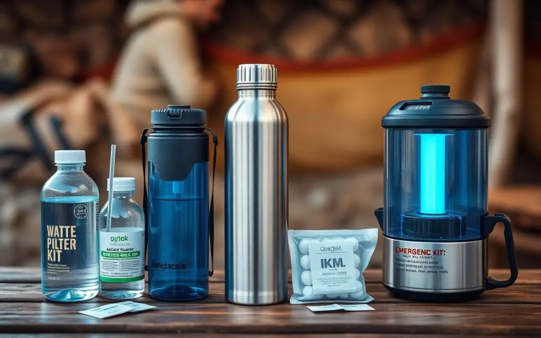A variety of portable water purification and filtration devices are displayed on a wooden surface, including bottles, filter kits, a metal thermos, tablets, and a UV sterilizer.
