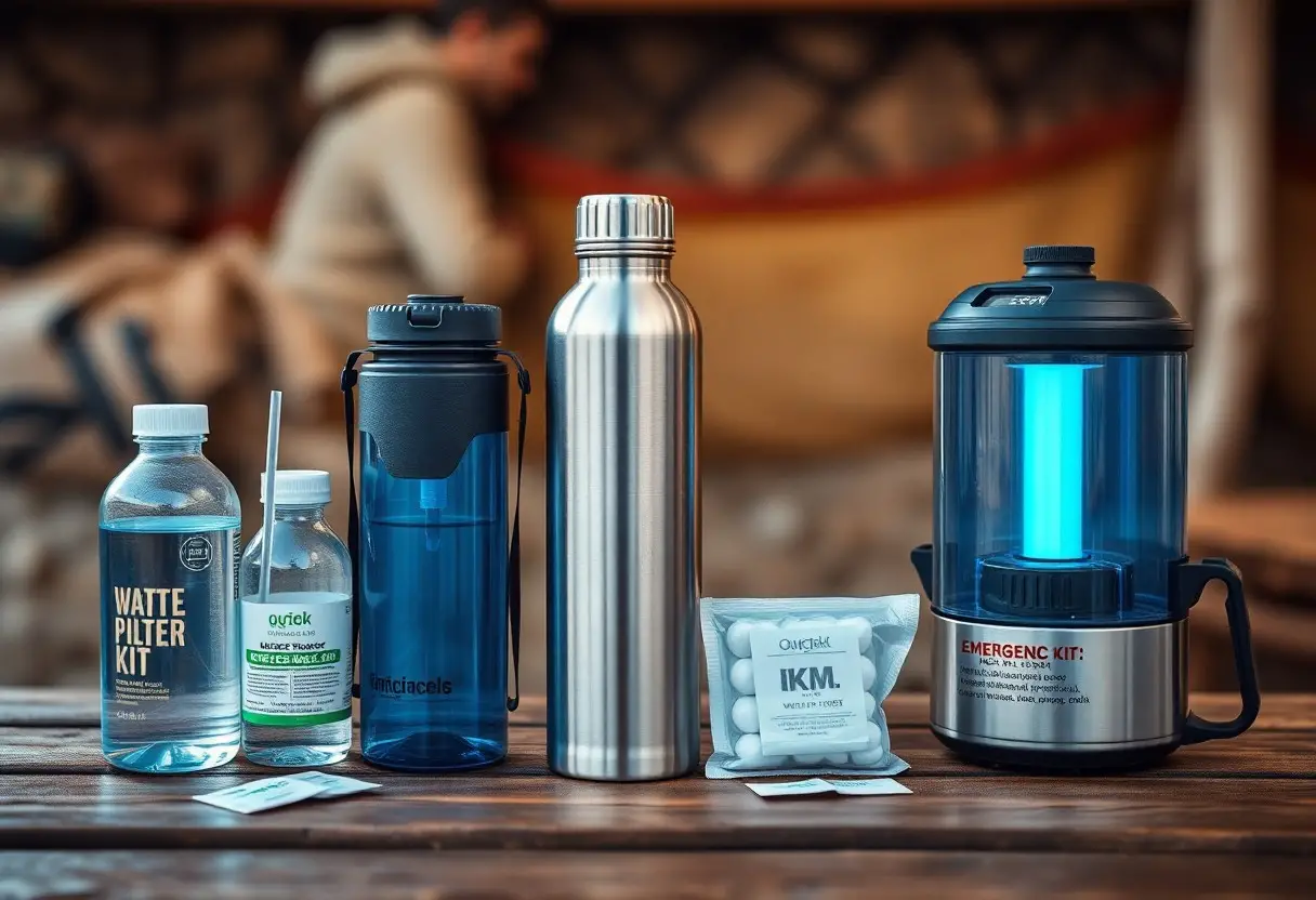 A variety of portable water purification and filtration devices are displayed on a wooden surface, including bottles, filter kits, a metal thermos, tablets, and a UV sterilizer.