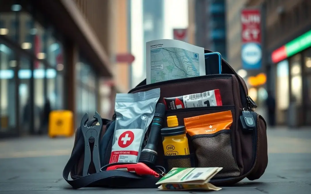 A travel bag on a city street contains a first aid kit, map, energy bar, water bottle, snacks, multi-tool, cash, and documents.