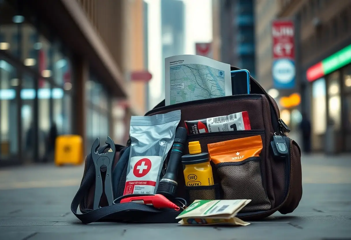 A travel bag on a city street contains a first aid kit, map, energy bar, water bottle, snacks, multi-tool, cash, and documents.