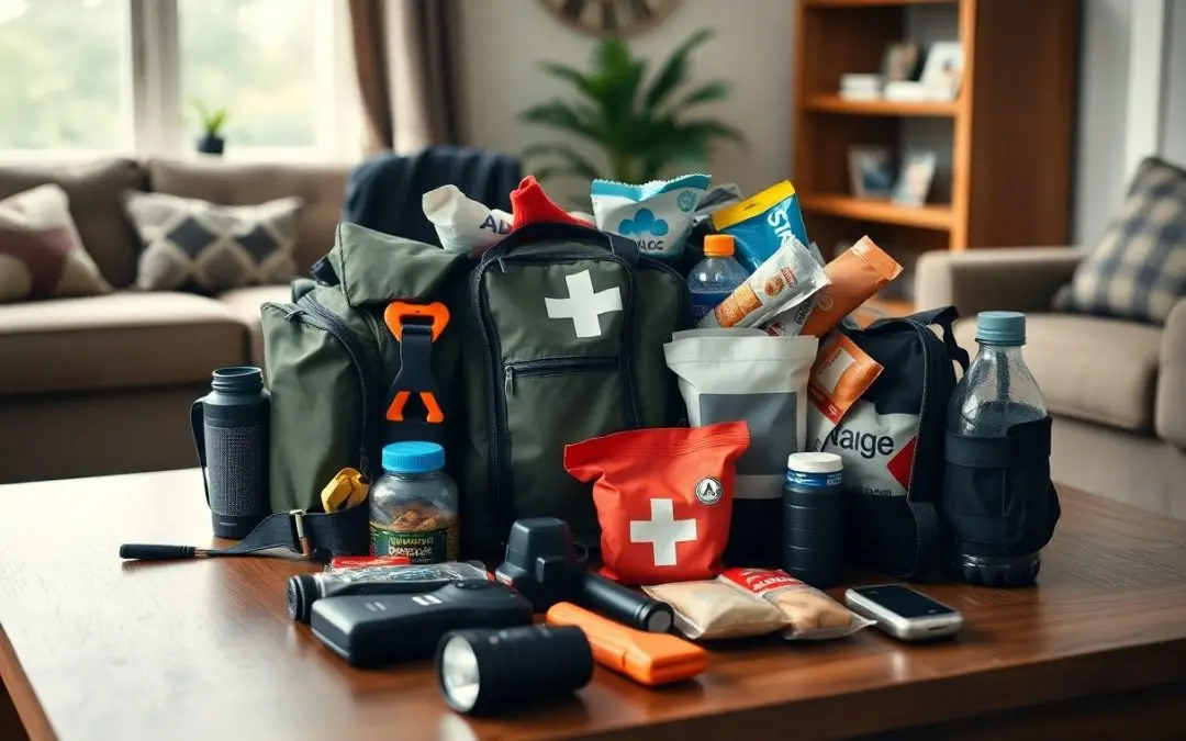 Emergency preparedness bags with medical cross symbols, water bottles, snacks, flashlight, battery pack, and survival gear arranged on a table in a living room.