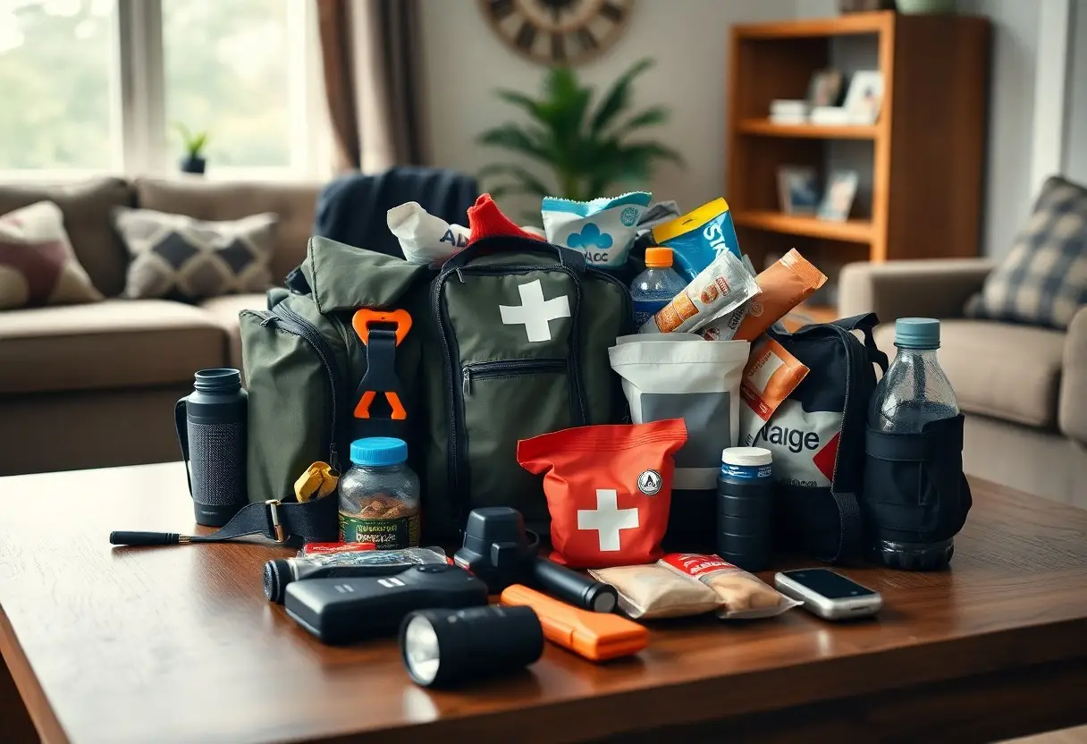 Emergency preparedness bags with medical cross symbols, water bottles, snacks, flashlight, battery pack, and survival gear arranged on a table in a living room.