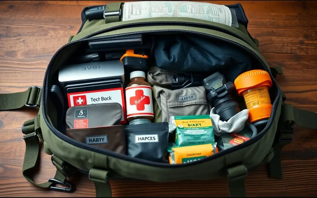 An open green backpack displaying organized emergency supplies, including a camera, first aid kit, food bars, water, flashlight, batteries, and medication, on a wooden surface.