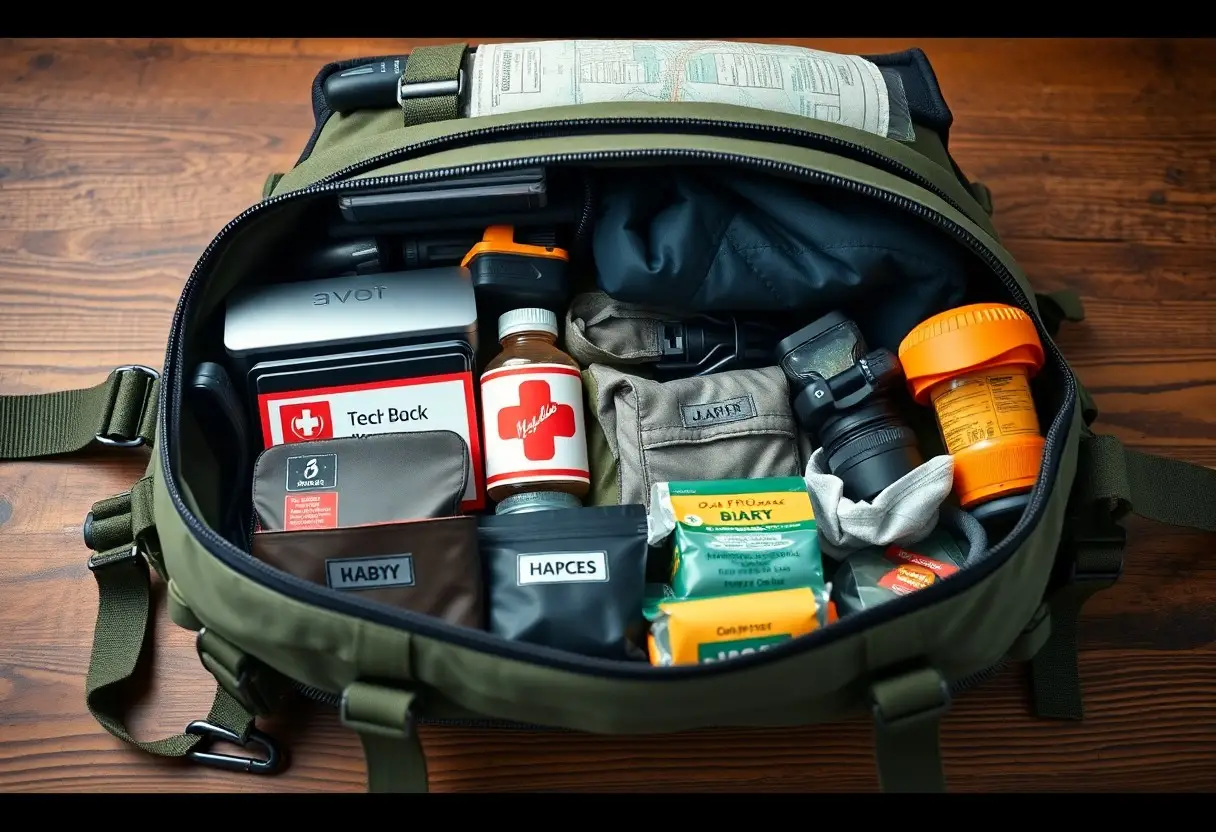 An open green backpack displaying organized emergency supplies, including a camera, first aid kit, food bars, water, flashlight, batteries, and medication, on a wooden surface.