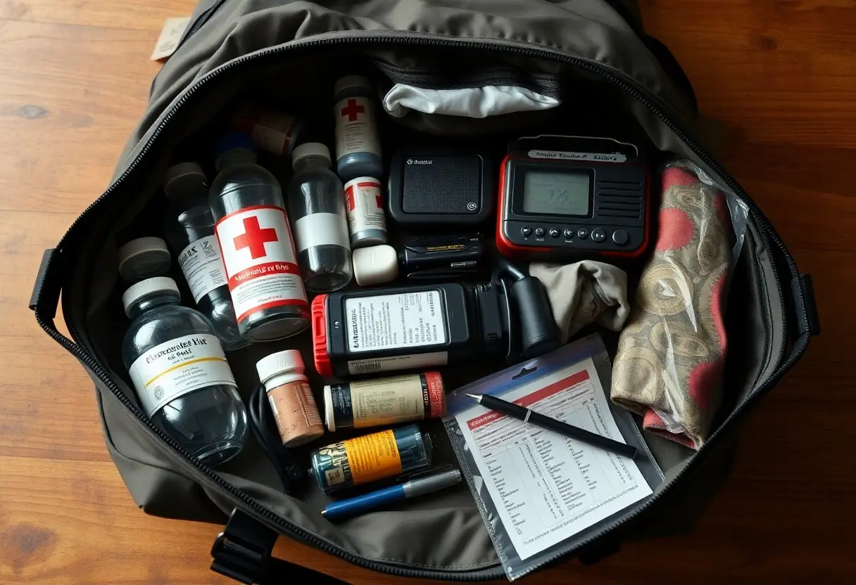 An open backpack containing medicine bottles, first aid supplies, a flashlight, a radio, a notepad with pen, and a folded cloth, organized neatly inside.