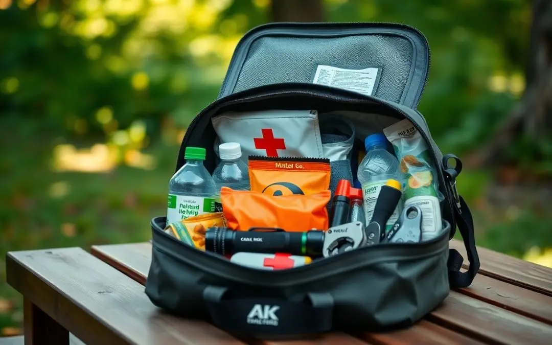 An open emergency kit bag on a wooden table contains first aid supplies, bottled water, canned food, flashlight, gloves, duct tape, and other survival essentials.