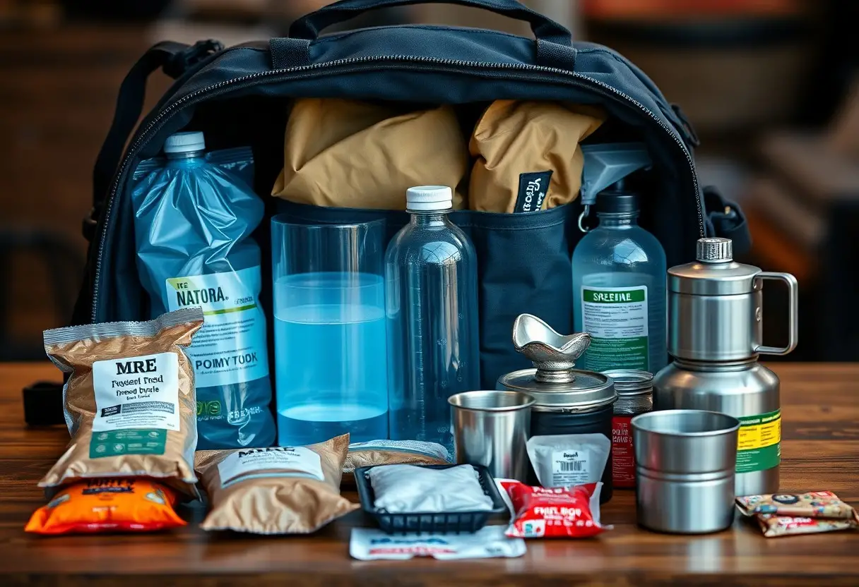 A duffel bag with bottled water, packaged food, metal cups, a can opener, and various survival supplies arranged on a wooden table.