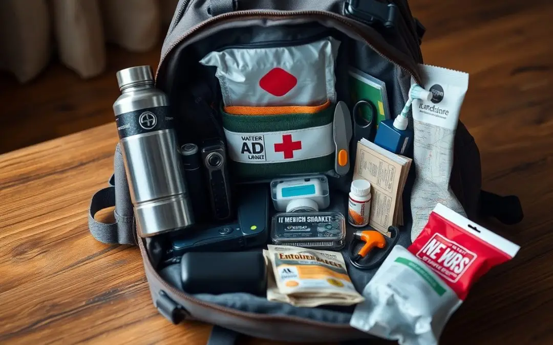 A neatly organized open backpack contains emergency supplies, including a first aid kit, water bottle, flashlight, medication, scissors, bandages, food bars, and other survival items on a wooden surface.