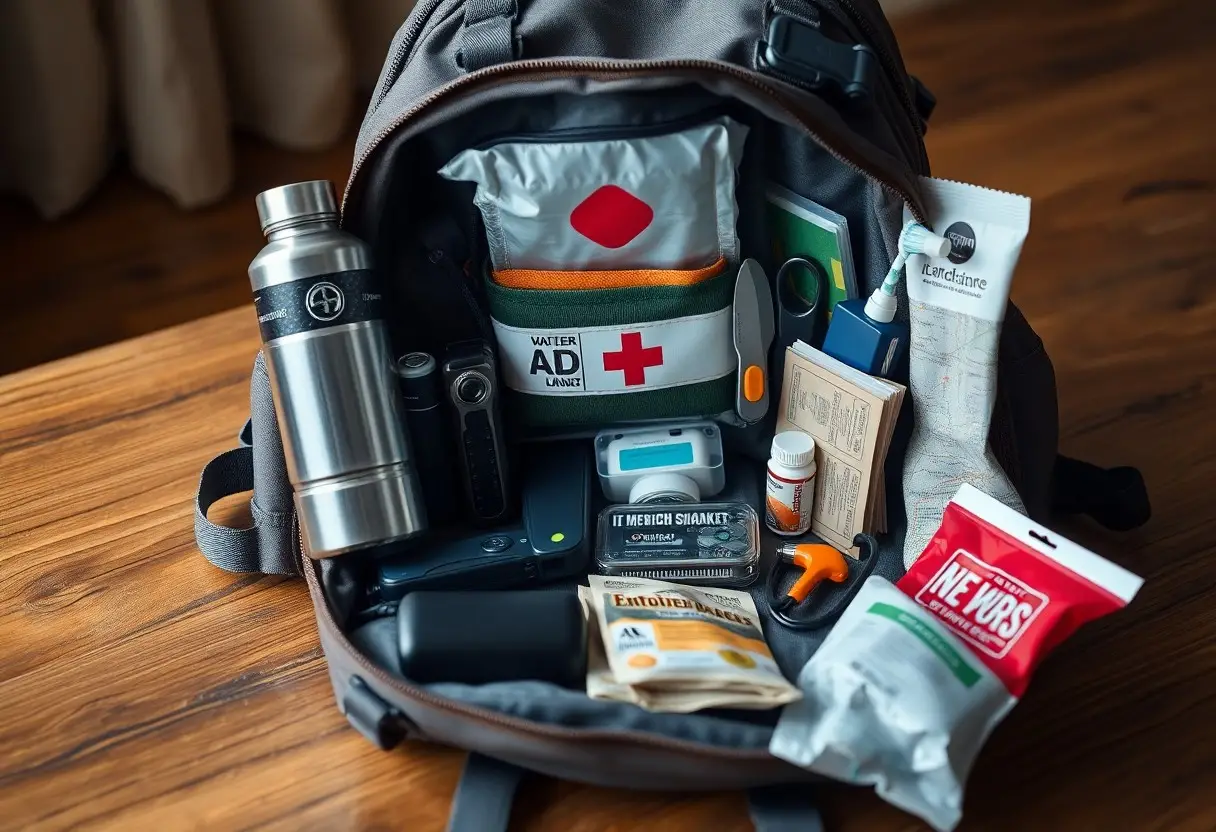 A neatly organized open backpack contains emergency supplies, including a first aid kit, water bottle, flashlight, medication, scissors, bandages, food bars, and other survival items on a wooden surface.