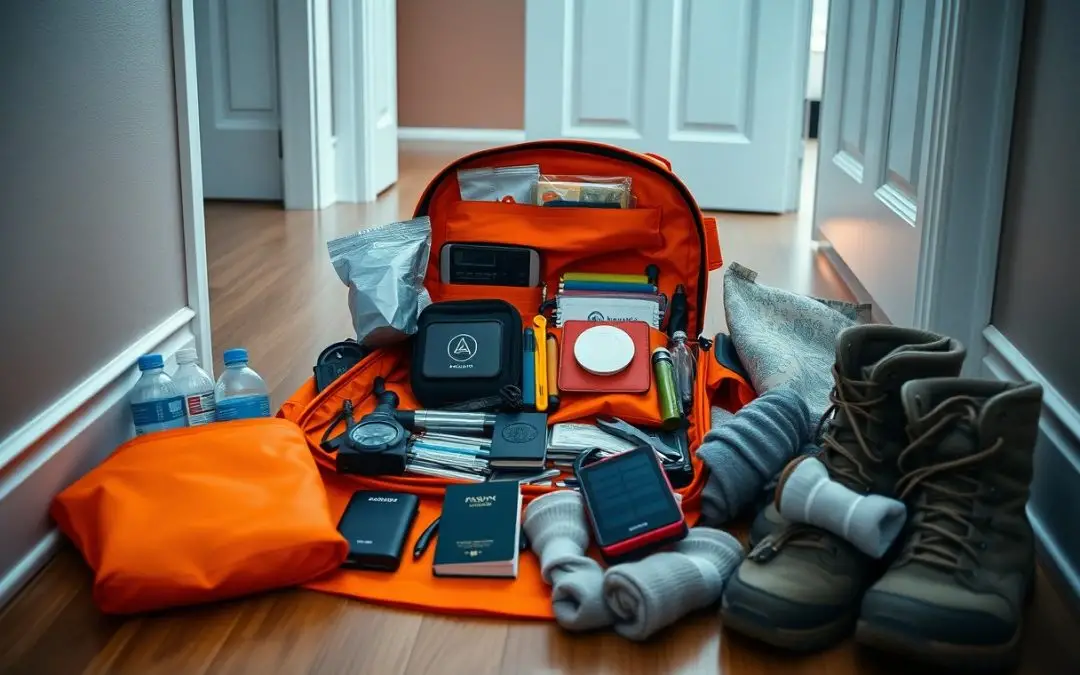 An open orange emergency backpack with supplies including water bottles, boots, socks, maps, notebooks, electronics, and essential gear arranged on a wooden floor in a hallway.