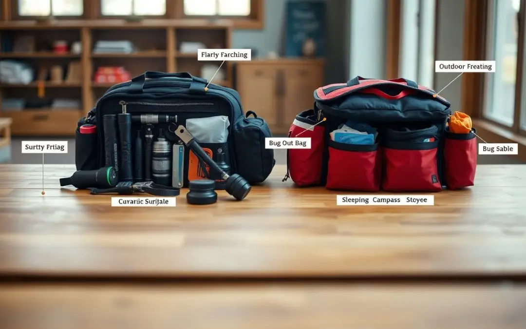 Two organized bags on a table, labeled with items including a flashlight, camping stove, utensils, and outdoor gear, in a well-lit indoor setting.
