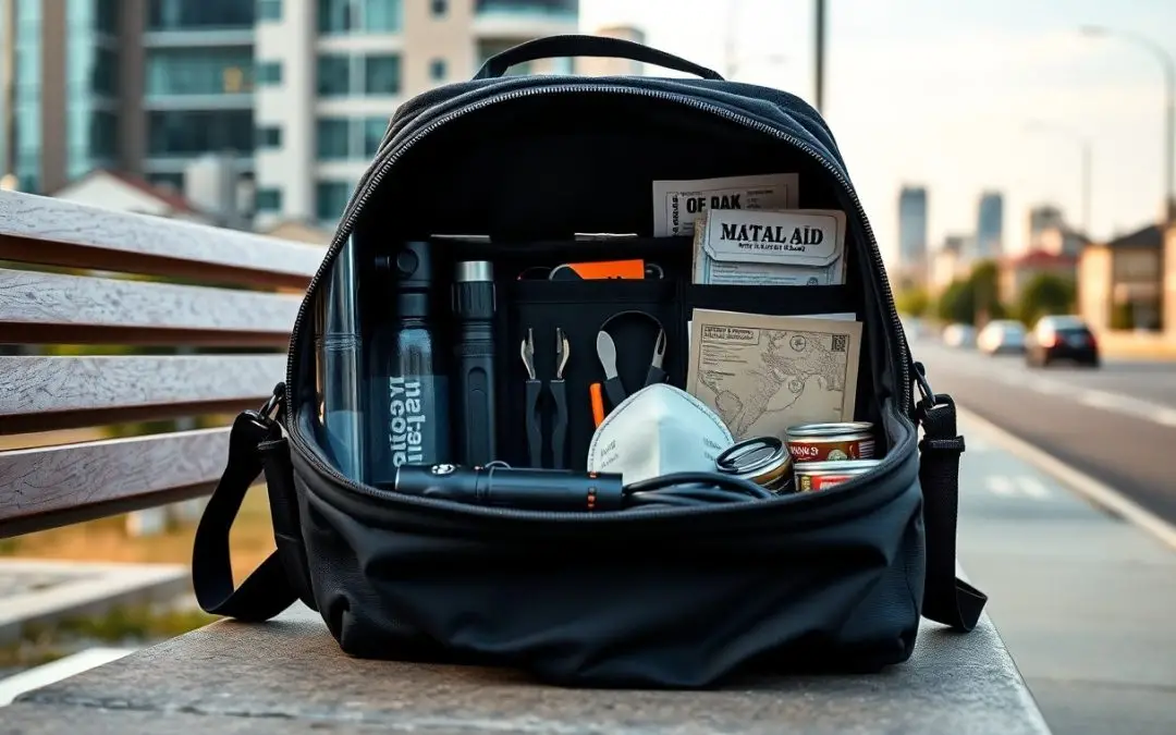 A black backpack sits open on a bench, displaying emergency supplies including a flashlight, water bottle, face mask, canned food, gloves, utensils, and a first aid kit.