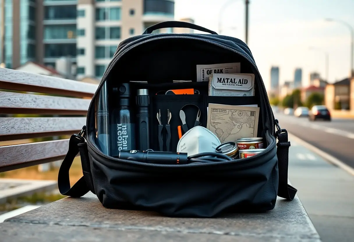 A black backpack sits open on a bench, displaying emergency supplies including a flashlight, water bottle, face mask, canned food, gloves, utensils, and a first aid kit.
