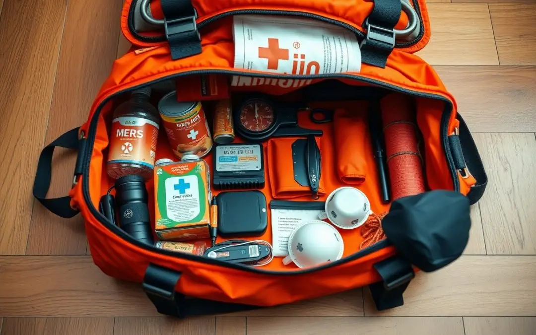 An open orange emergency kit bag on a wooden floor, containing medical supplies, canned food, a flashlight, a compass, rope, batteries, and bottled water.