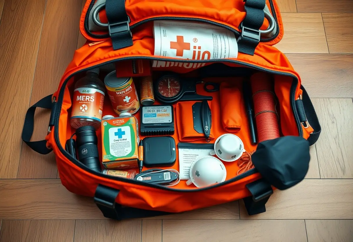 An open orange emergency kit bag on a wooden floor, containing medical supplies, canned food, a flashlight, a compass, rope, batteries, and bottled water.