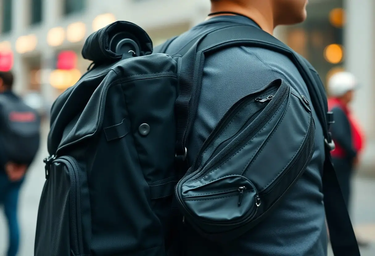 A person wearing a grey shirt carries a large black backpack and a black sling bag on their shoulder while standing outdoors in an urban setting.