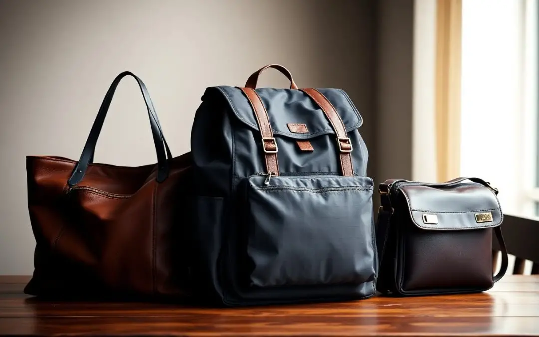 Three bags—a brown leather tote, a gray backpack with brown straps, and a black crossbody bag—are displayed on a wooden table near a window.