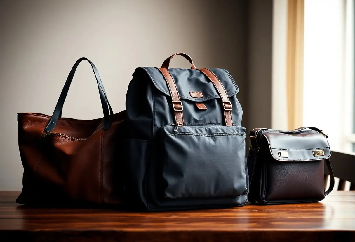 Three bags—a brown leather tote, a gray backpack with brown straps, and a black crossbody bag—are displayed on a wooden table near a window.