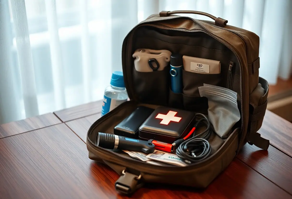 A backpack containing a first aid kit, flashlight, water bottle, power bank, medical gloves, and other emergency supplies sits open on a wooden table by a window.