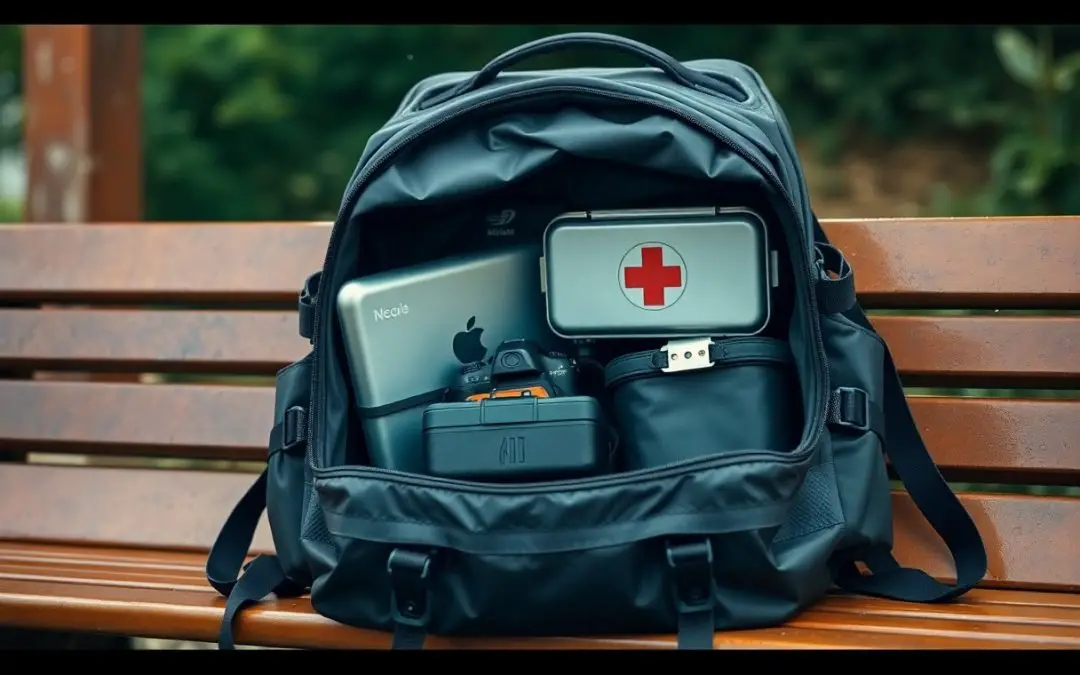 A black backpack sits open on a bench, displaying a laptop, first aid kit, camera, notebook, and other small items neatly packed inside.