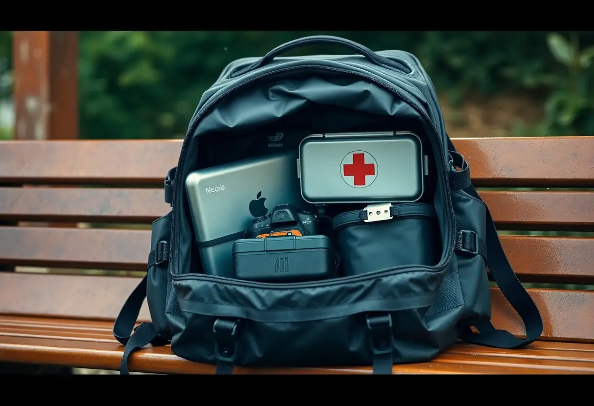 A black backpack sits open on a bench, displaying a laptop, first aid kit, camera, notebook, and other small items neatly packed inside.