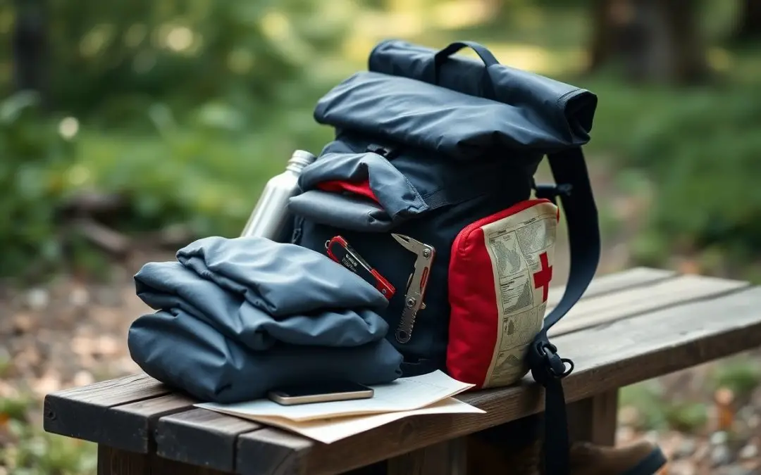 A blue backpack with a first aid kit, folded clothes, multitool, water bottle, and phone sits on a wooden bench outdoors, surrounded by greenery.