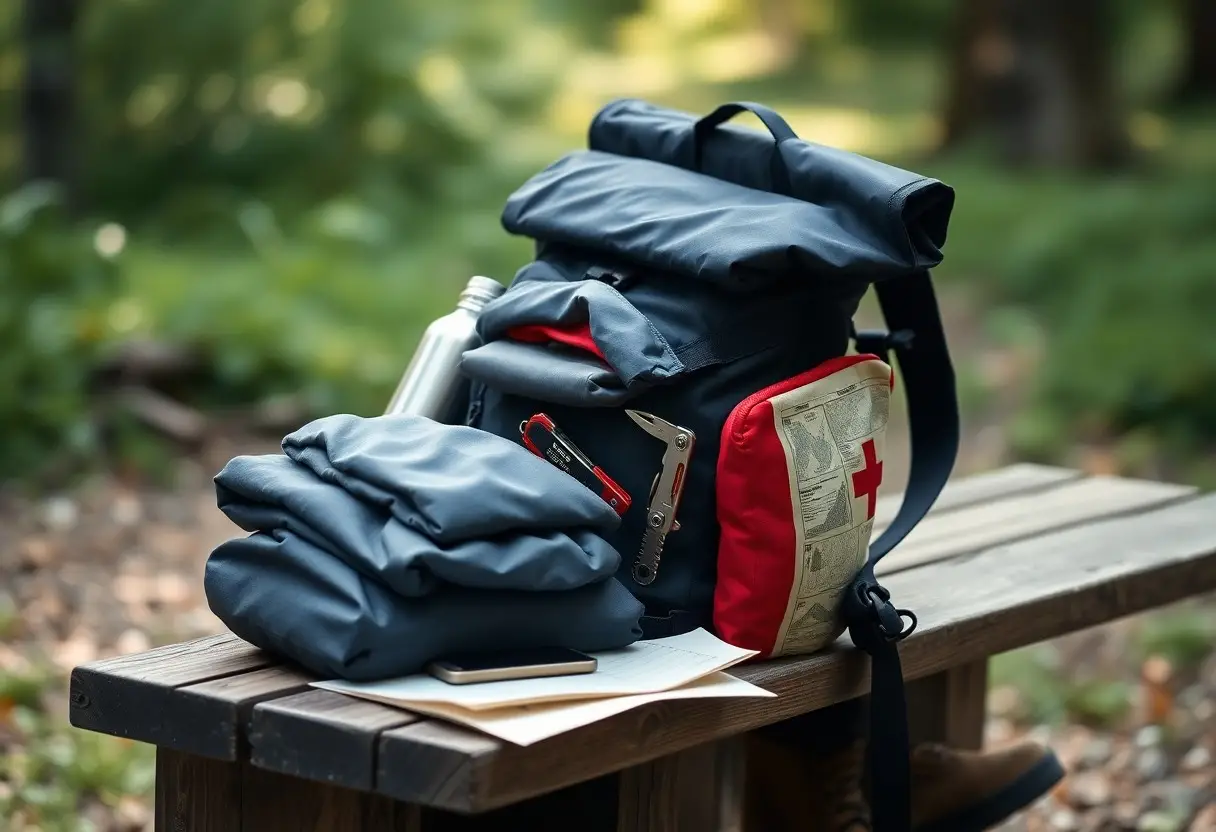A blue backpack with a first aid kit, folded clothes, multitool, water bottle, and phone sits on a wooden bench outdoors, surrounded by greenery.