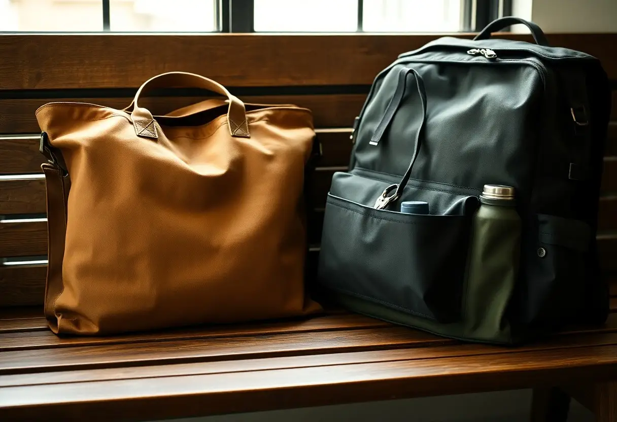 A brown tote bag and a black backpack sit side by side on a wooden bench near a window, with a water bottle and tumbler in the backpack’s front pocket.