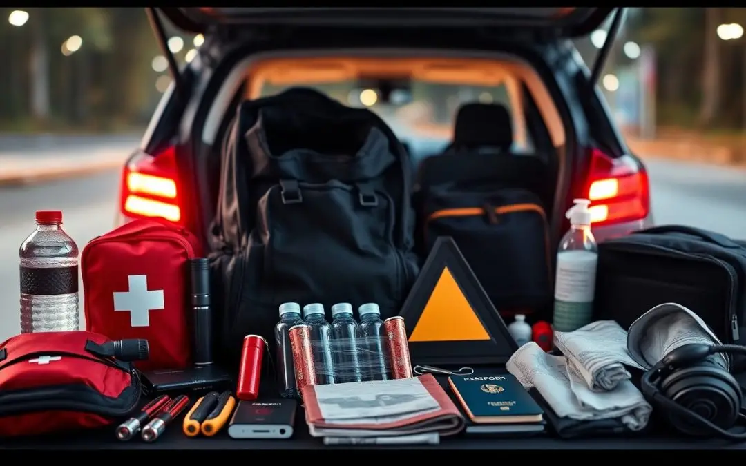 The open trunk of a car displays emergency supplies, including water, a first aid kit, backpacks, a warning triangle, flashlight, passport, and various travel essentials.