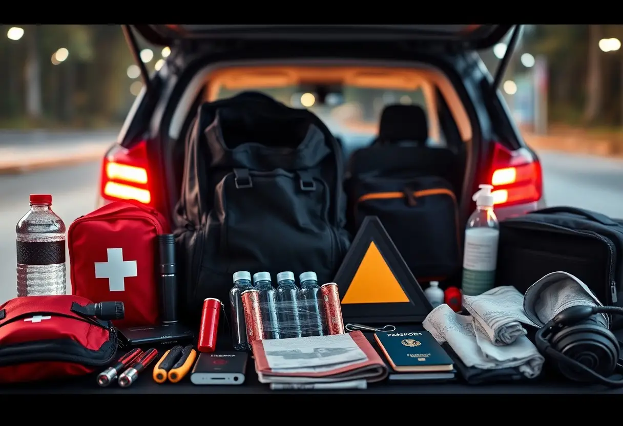The open trunk of a car displays emergency supplies, including water, a first aid kit, backpacks, a warning triangle, flashlight, passport, and various travel essentials.