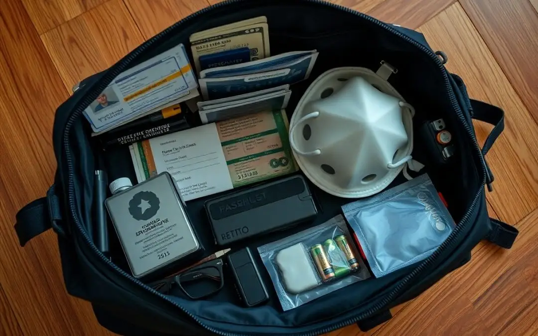 Open duffel bag containing important documents, passport, face mask, flashlight, batteries, hand sanitizer, and various small personal items on a wooden floor.