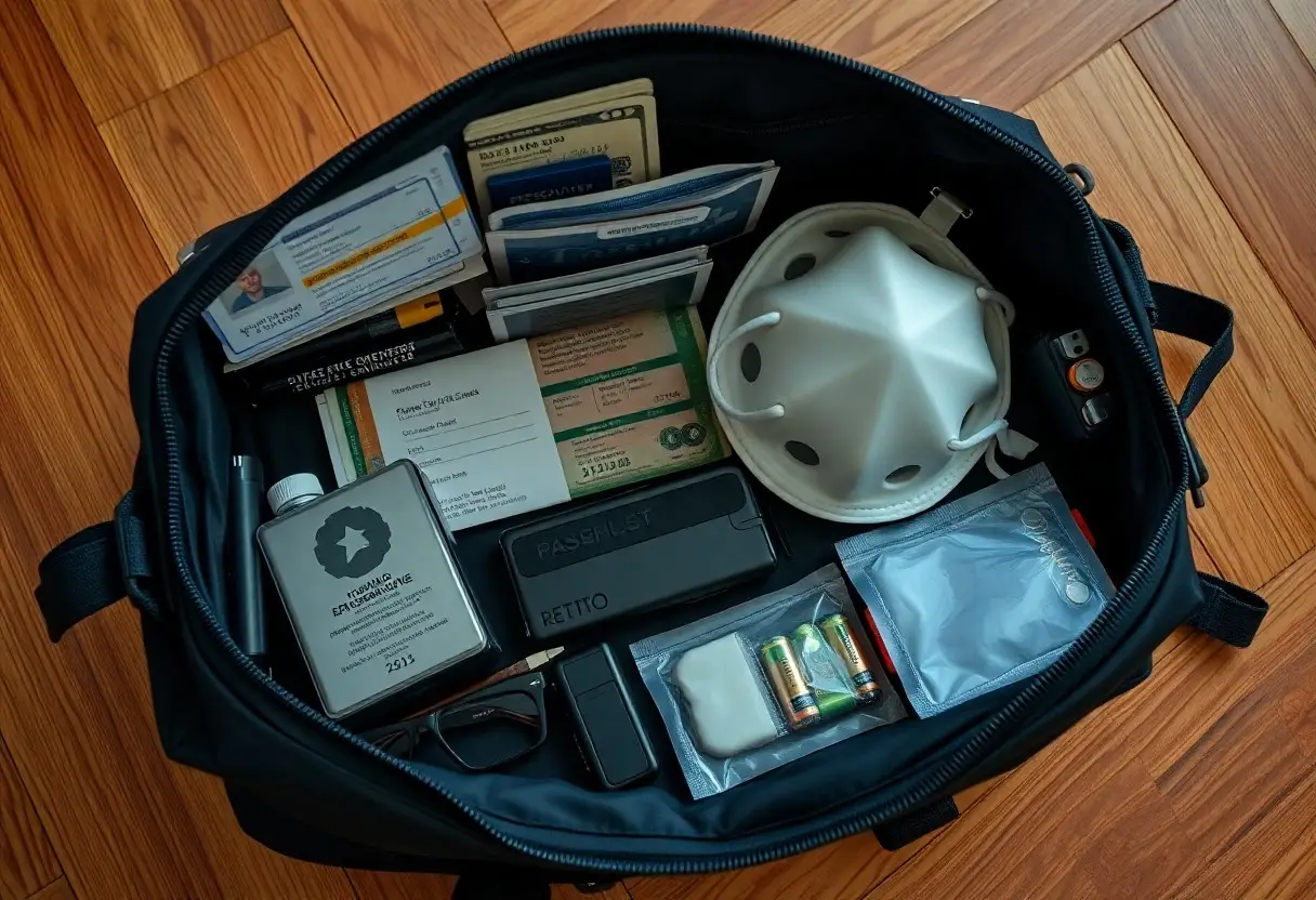 Open duffel bag containing important documents, passport, face mask, flashlight, batteries, hand sanitizer, and various small personal items on a wooden floor.