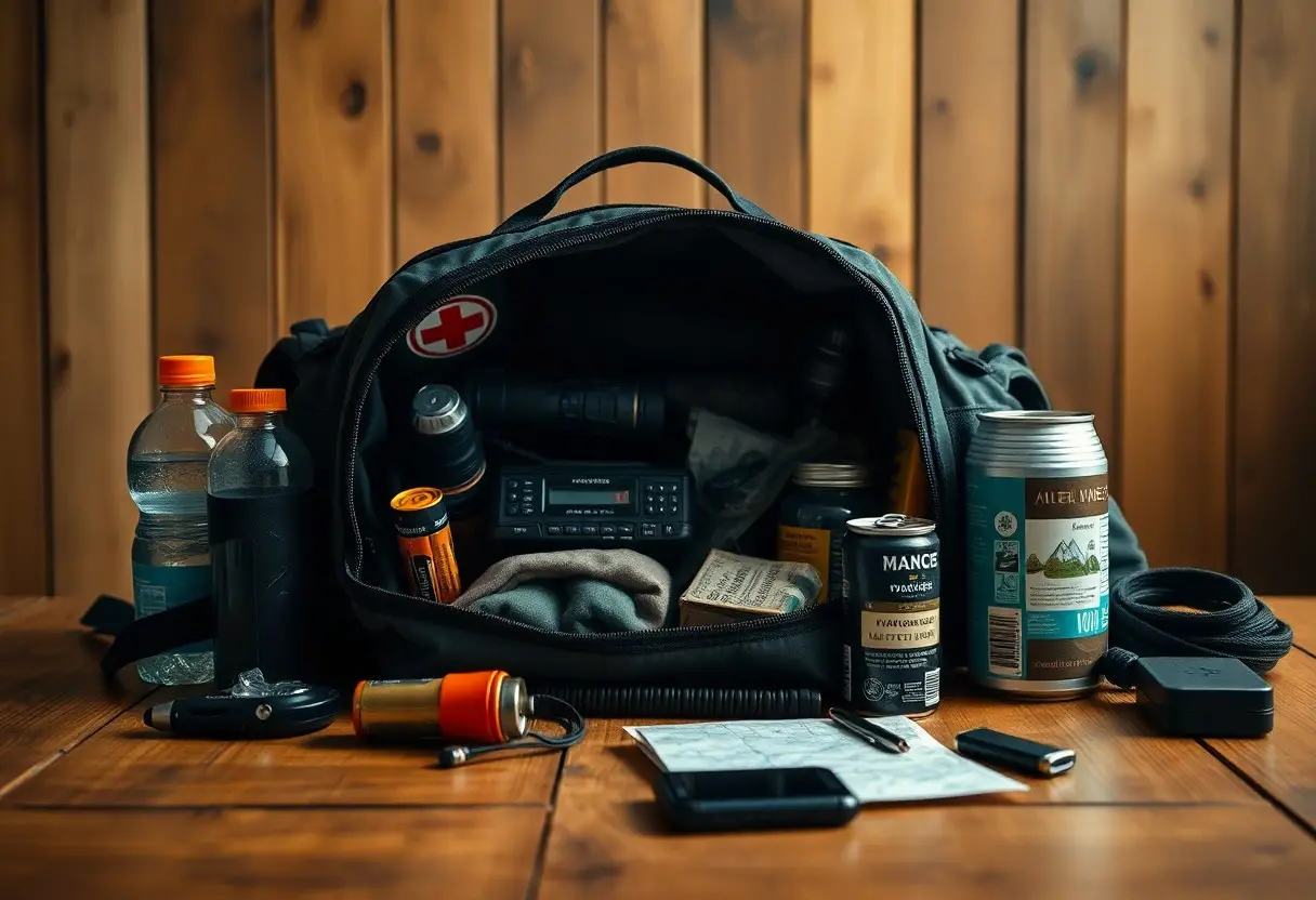 A duffel bag sits open on a wooden table, displaying emergency supplies including water bottles, canned food, flashlight, radio, batteries, and a map.