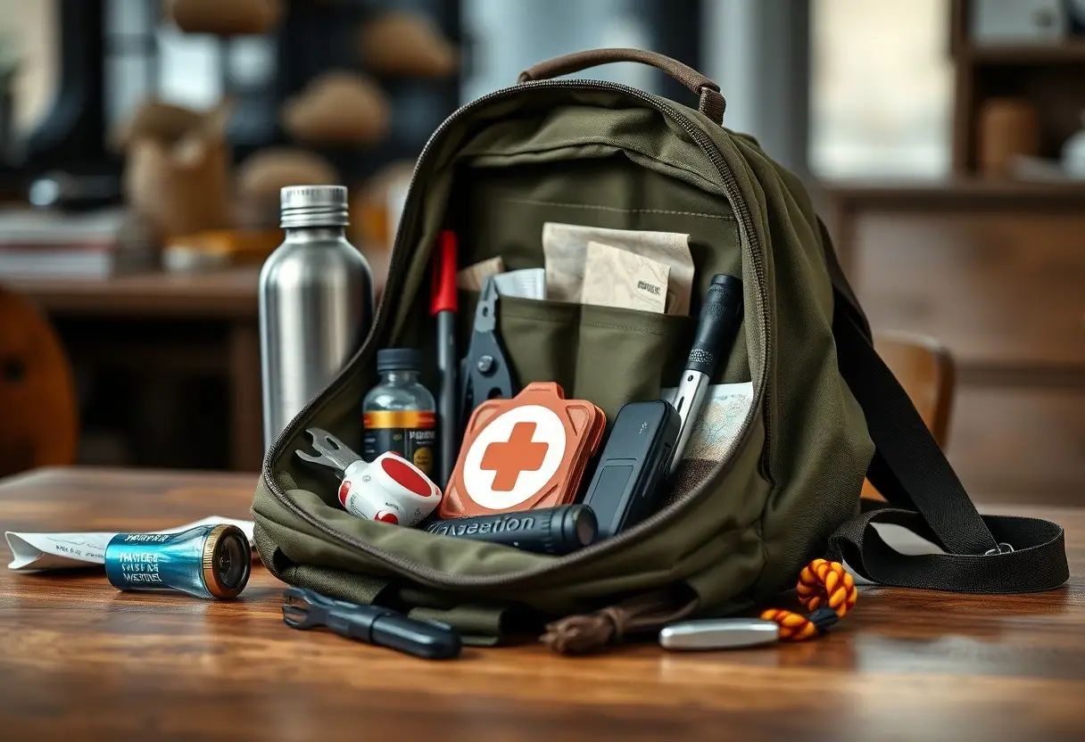 A green backpack sits open on a table, displaying emergency supplies including a first aid kit, water bottle, multi-tool, flashlight, and various small survival items.