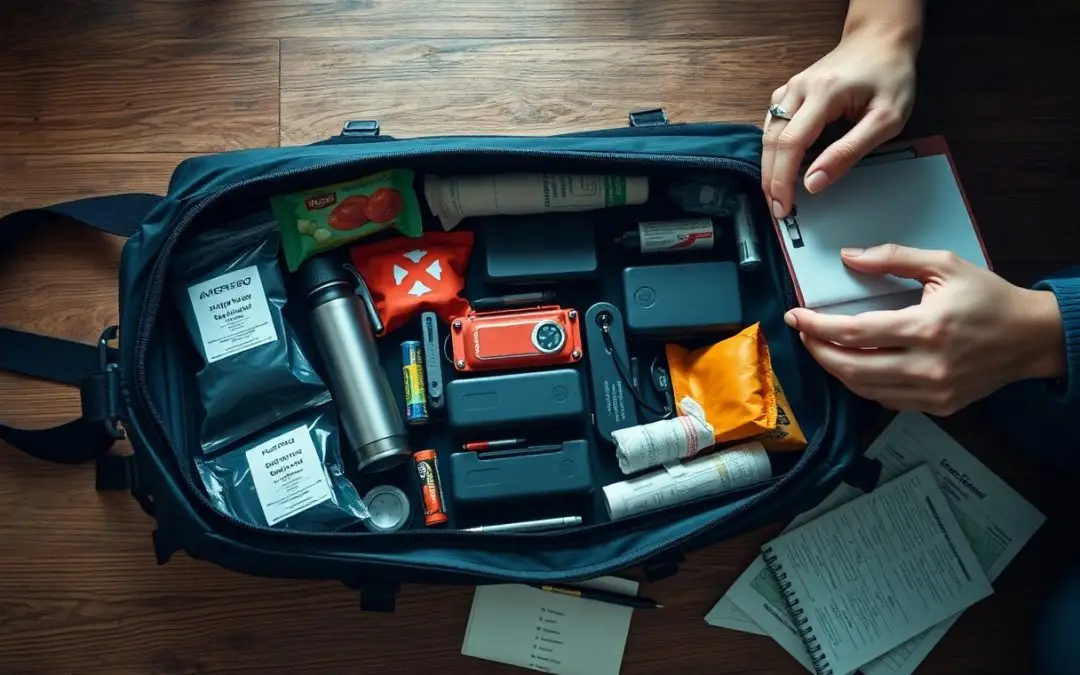 A person packs an emergency survival kit in a duffel bag, including medical supplies, food rations, a flashlight, documents, and tools, on a wooden floor.