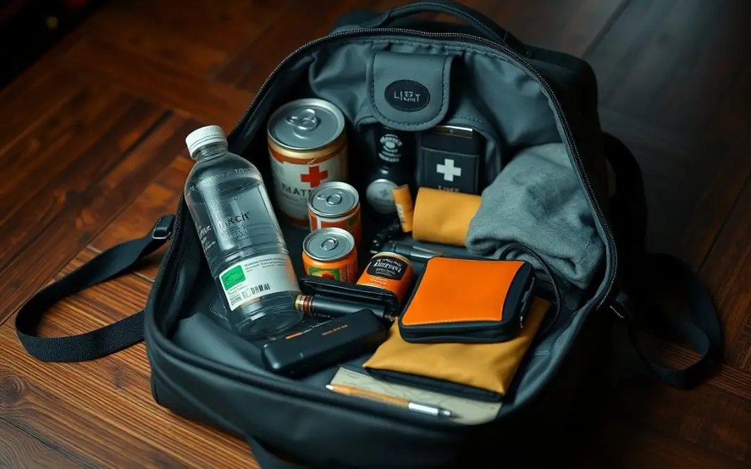 A black backpack on a wooden floor, unzipped to show bottled water, canned food, a first aid kit, a flashlight, a gray shirt, and orange-and-black pouches inside.