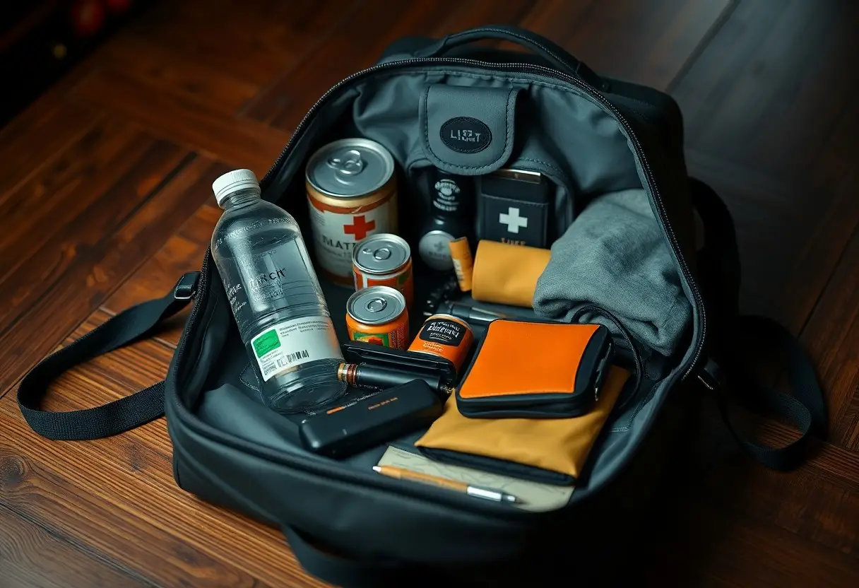 A black backpack on a wooden floor, unzipped to show bottled water, canned food, a first aid kit, a flashlight, a gray shirt, and orange-and-black pouches inside.