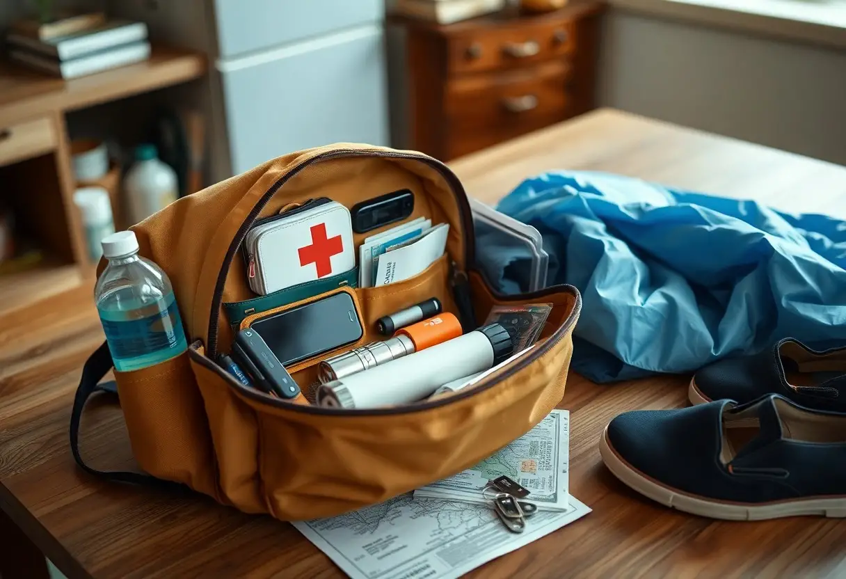 A packed emergency bag containing a first aid kit, flashlight, water bottle, phone, documents, keys, shoes, a jacket, and other essentials sits on a wooden table indoors.