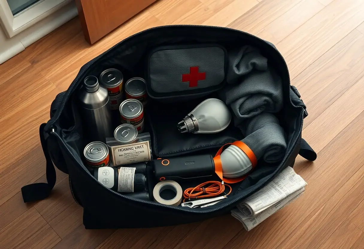 Open emergency kit bag containing canned food, water bottle, flashlight, batteries, first aid kit, blanket, first aid supplies, and a folded newspaper on a wooden floor.